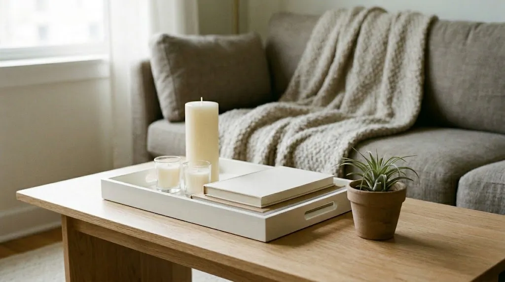 Coffee table tonal candle arrangement with cream pillar candles, glass votive holders, and stacked coffee table books in an apartment living room