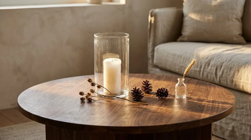 Coffee table styled with a glass hurricane candle holder, dried eucalyptus stems, a small succulent, and a fall pinecone vignette in warm afternoon light