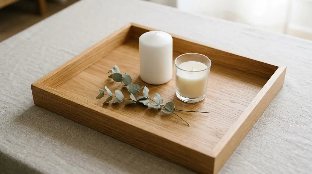 Close-up of a wooden tray on a coffee table styled with pillar candles, a small votive, and a sprig of dried eucalyptus on a neutral linen surface