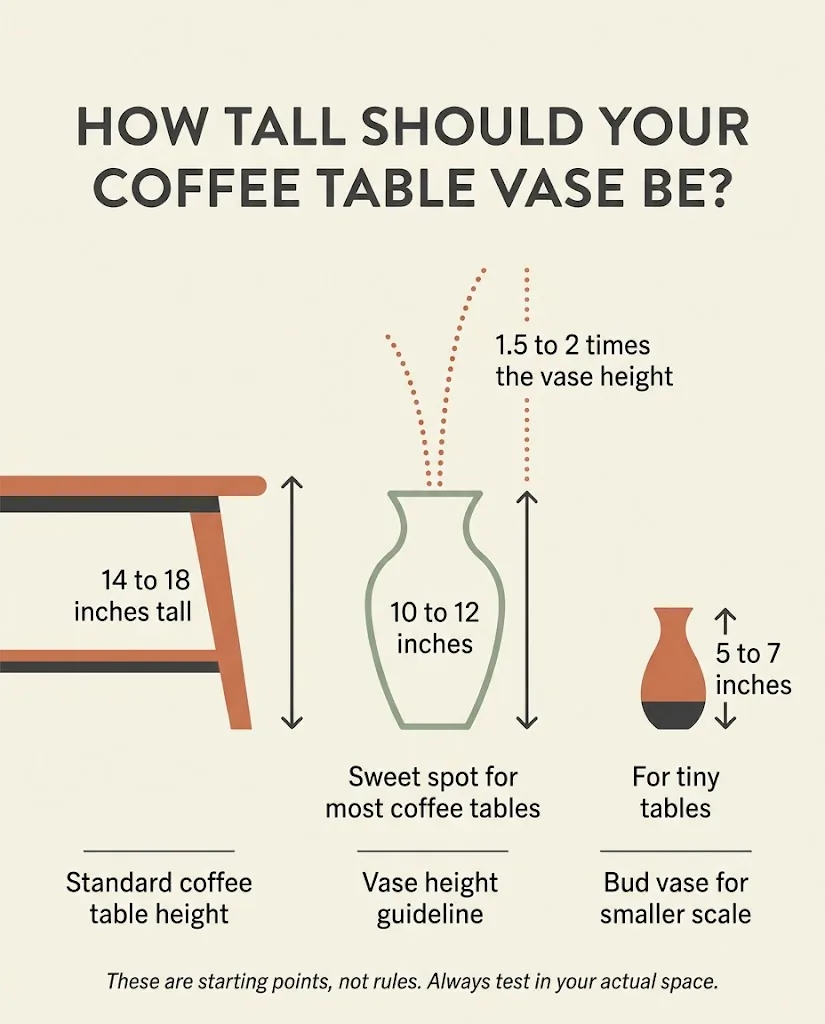 Infographic showing correct vase height proportions for a coffee table, with measurements indicating a 10 to 12 inch vase on a 14 to 18 inch table and stem height at 1.5 to 2 times the vase height