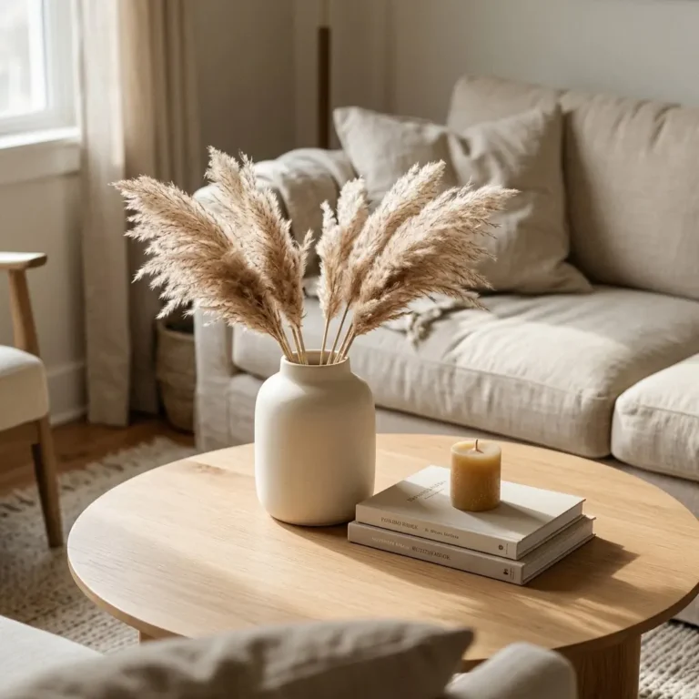 Calm styled coffee table vignette with a matte cream ceramic vase holding dried pampas grass stems, a small stack of books, and a beeswax candle in a warm neutral living room with soft natural window light