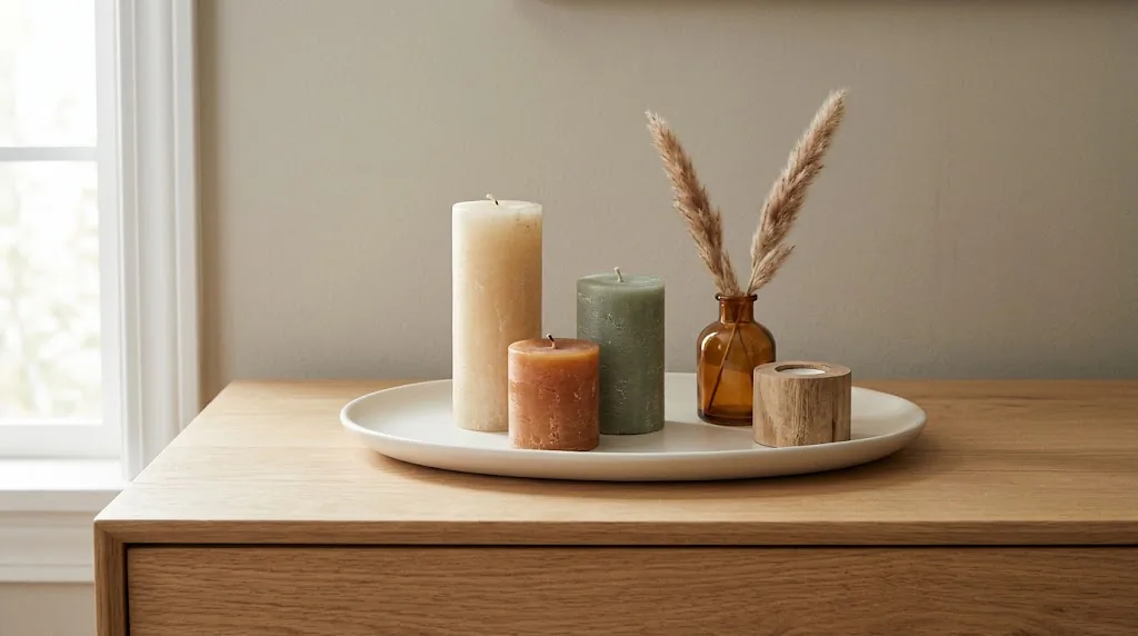 Wooden dresser top with three pillar candles of varying heights grouped on a ceramic plate, earthy tones, dried flower stem and small clay dish beside them, warm natural light