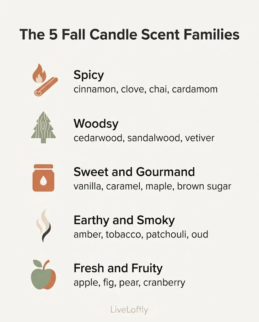 Flat infographic showing five fall candle scent families, spicy, woodsy, sweet gourmand, earthy smoky, and fresh fruity, with example scent notes listed under each, calm neutral earthy palette, minimalist home decor style
