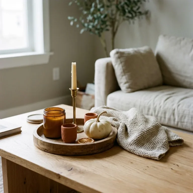 Cozy fall candle vignette on a wooden coffee table tray with a jar candle, small taper in a brass holder, dried orange slices, and a mini pumpkin, warm natural window light, neutral earthy tones, calm autumn living room styling