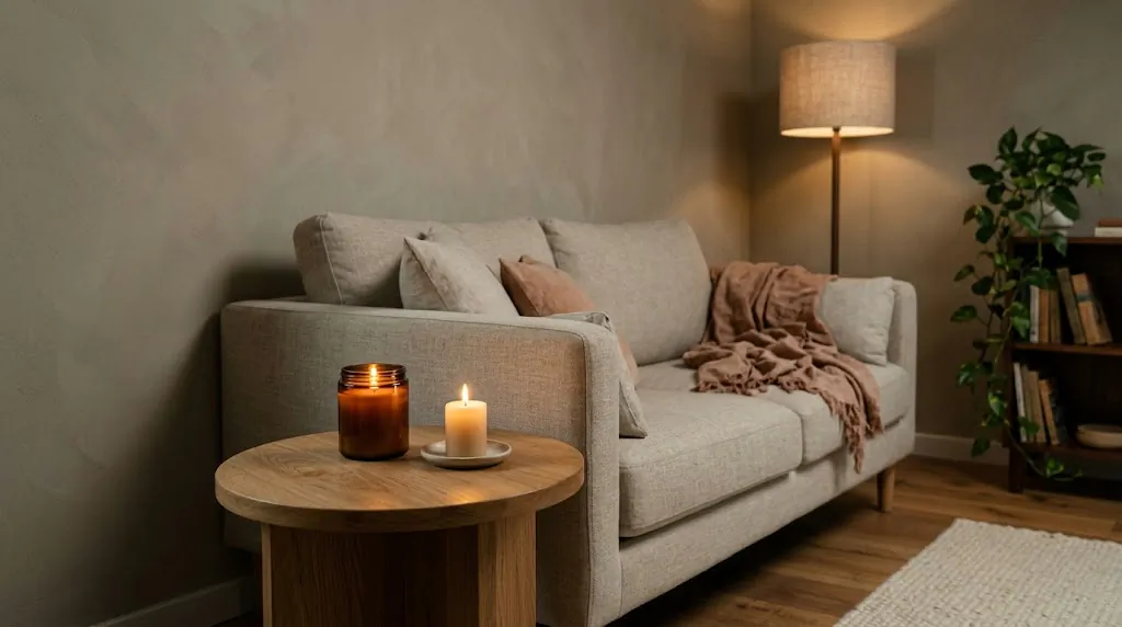 Calm fall living room in the evening with two lit jar candles on a side table beside a linen sofa, warm amber candlelight, muted terracotta and cream tones, cozy small-space apartment decor, no overhead lighting