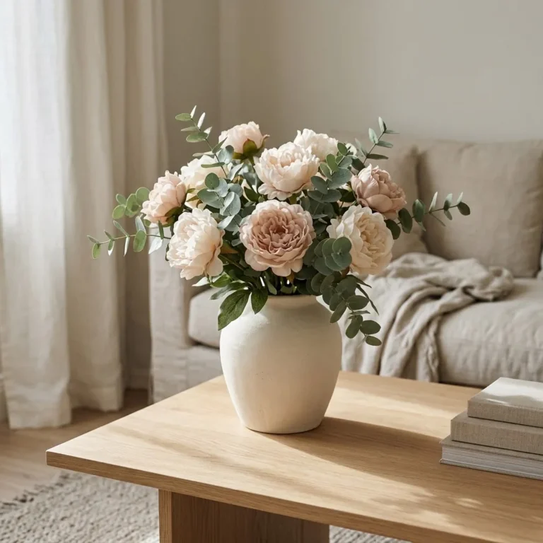 Realistic faux peony and eucalyptus arrangement in a matte cream ceramic vase on a light wood coffee table in a calm, neutral-toned living room