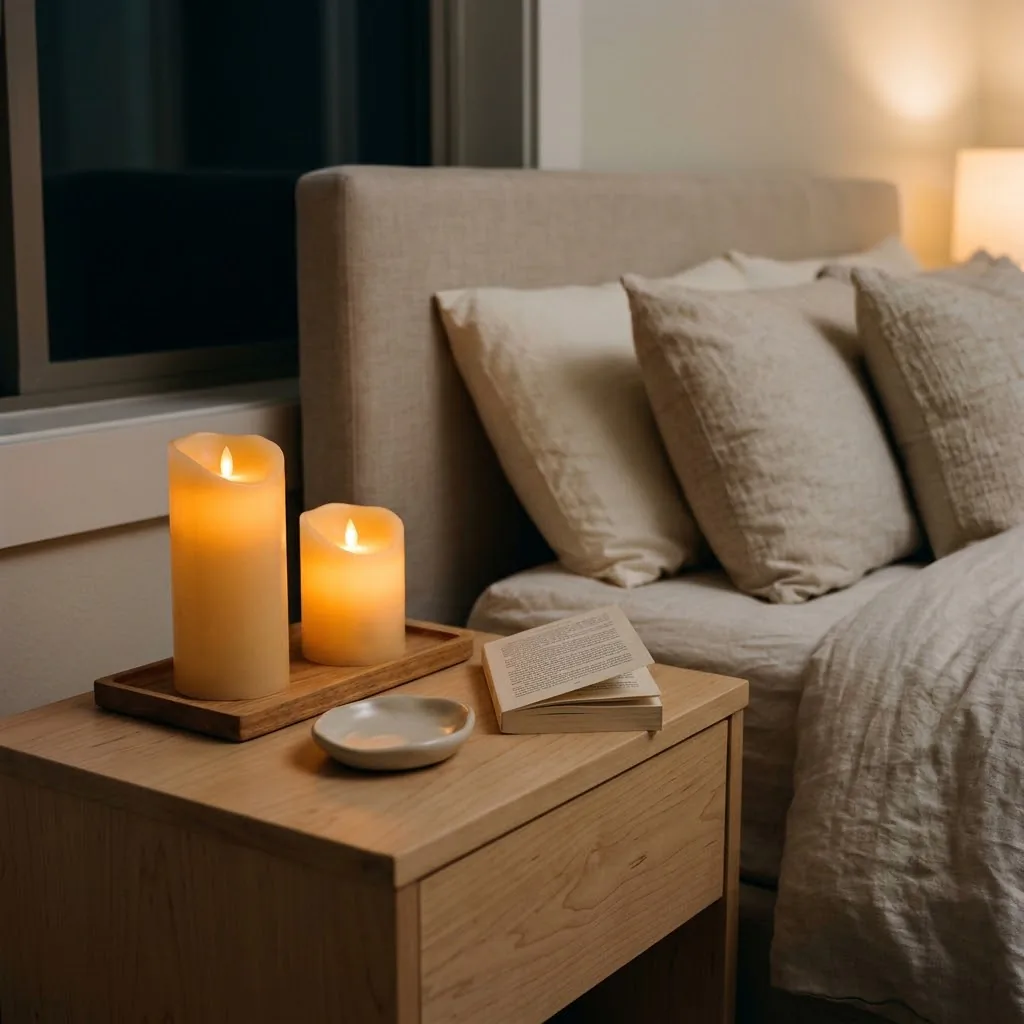 Battery-operated flameless pillar candles on a small wooden tray on a bedroom nightstand, realistic amber flicker glow, neutral bedding in soft focus background, cozy evening light