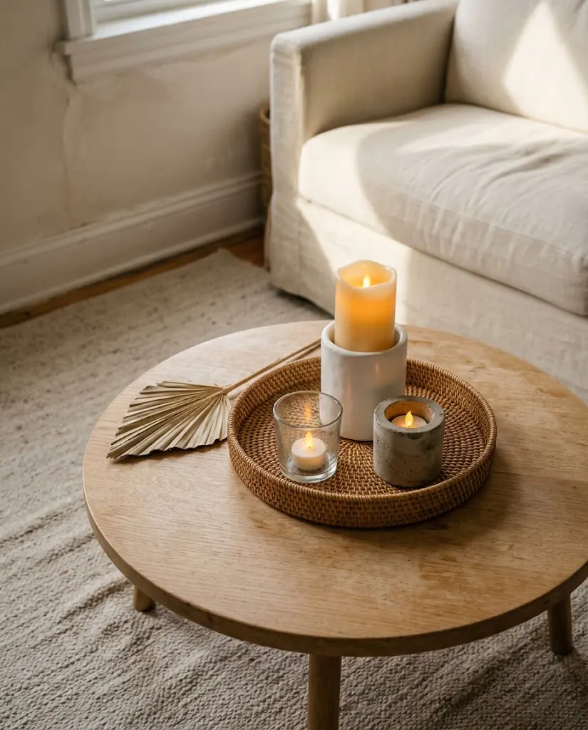 Flameless LED candles in ceramic and glass candle holders styled on a small apartment coffee table, warm amber glow, renter-friendly modern decor, cozy living room corner