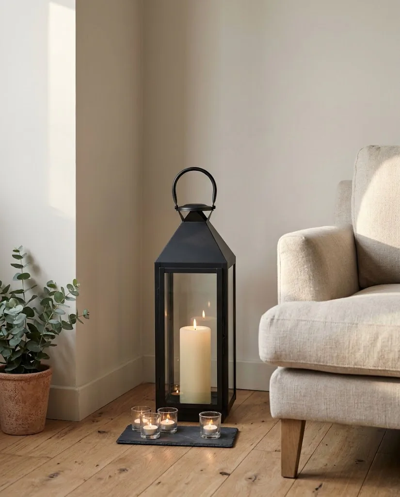 Large matte black floor lantern with pillar candle inside styled in a cozy apartment living room corner, warm candlelight glow, neutral walls, renter-friendly decor, no drilling required