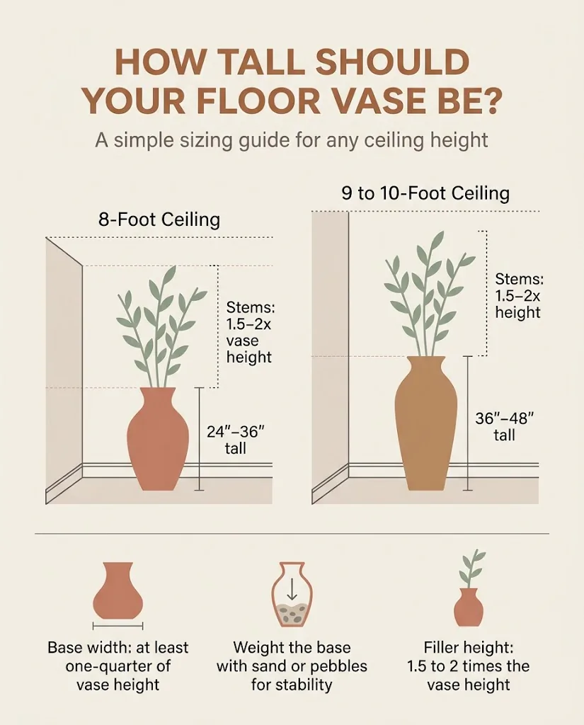 Floor vase sizing guide infographic showing correct vase heights for 8-foot and 9-foot ceilings with filler proportion rules
