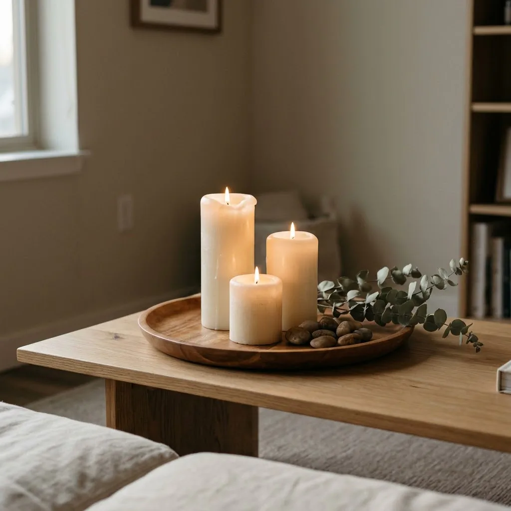 Cozy living room candle decor with three pillar candles grouped on a wooden tray on a coffee table, warm candlelight glow, neutral rental-friendly styling, natural light