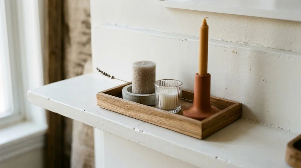 Mantel shelf with three small candle holders grouped on a wooden tray, wax drip protection, cozy rental apartment styling