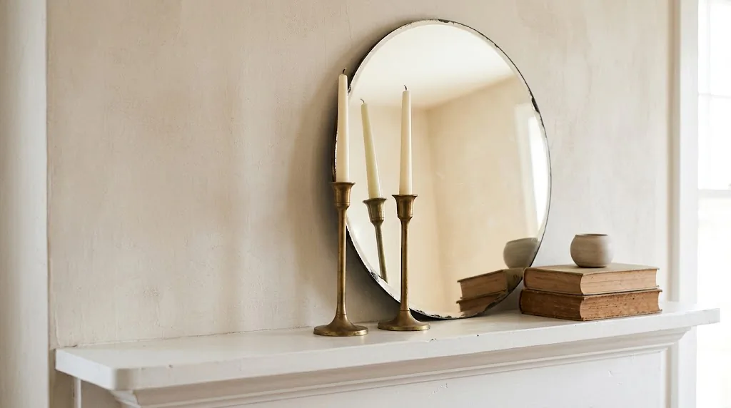 Mantel arrangement with candle holders layered in front of a leaner mirror showing depth and negative space in a minimalist living room