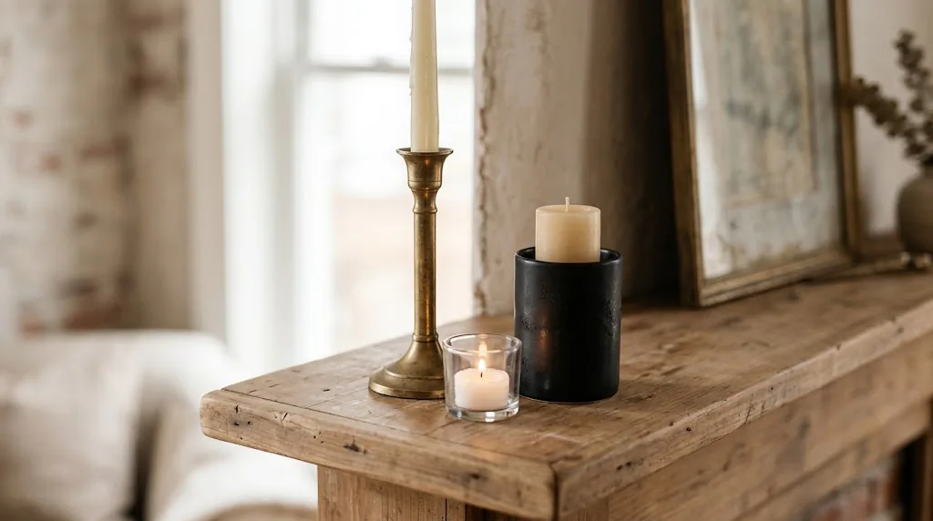 Close-up of a mantel vignette with three candle holders in varied heights grouped in an odd number, brass taper and ceramic pillar, natural light