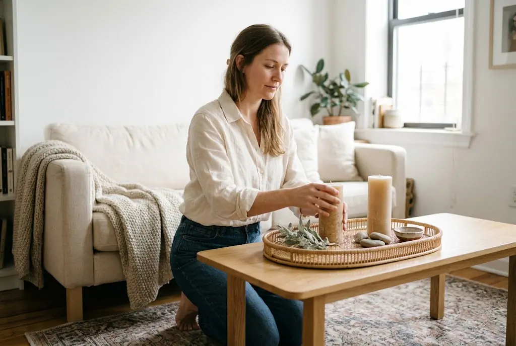 Woman arranging three pillar candles on a rattan tray on a coffee table in a small cozy apartment living room with dried stems and smooth stones as accents