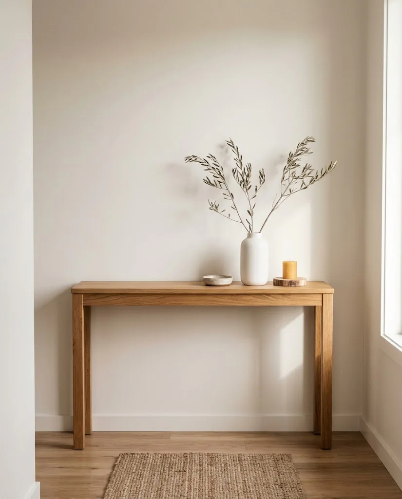 Narrow entryway console table styled with one tall ceramic vase holding dried branches, a small dish, and a candle, minimalist renter-friendly decor