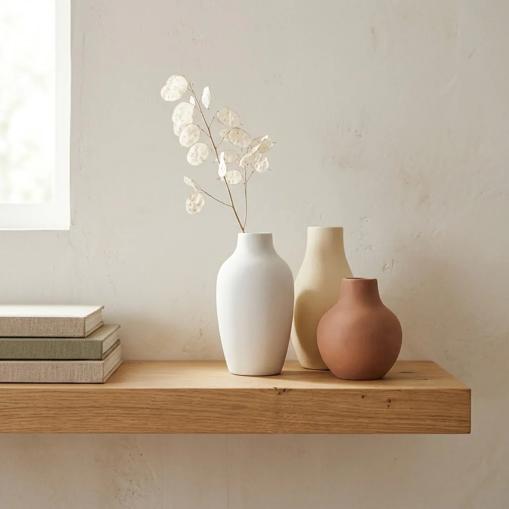 Three matte ceramic vases in neutral tones grouped on a warm wooden shelf with dried stems and natural window light, minimalist home decor