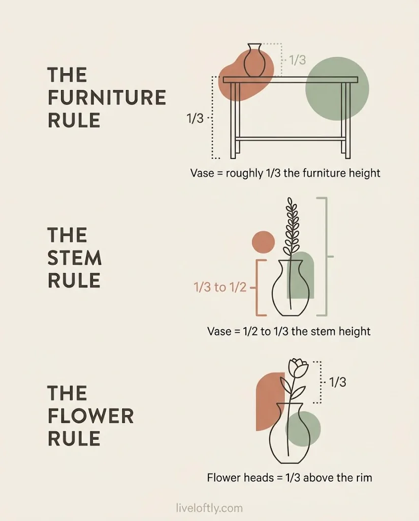 Minimalist vase proportion guide infographic showing the one-third furniture rule and stem-to-vase height ratio for home decor styling