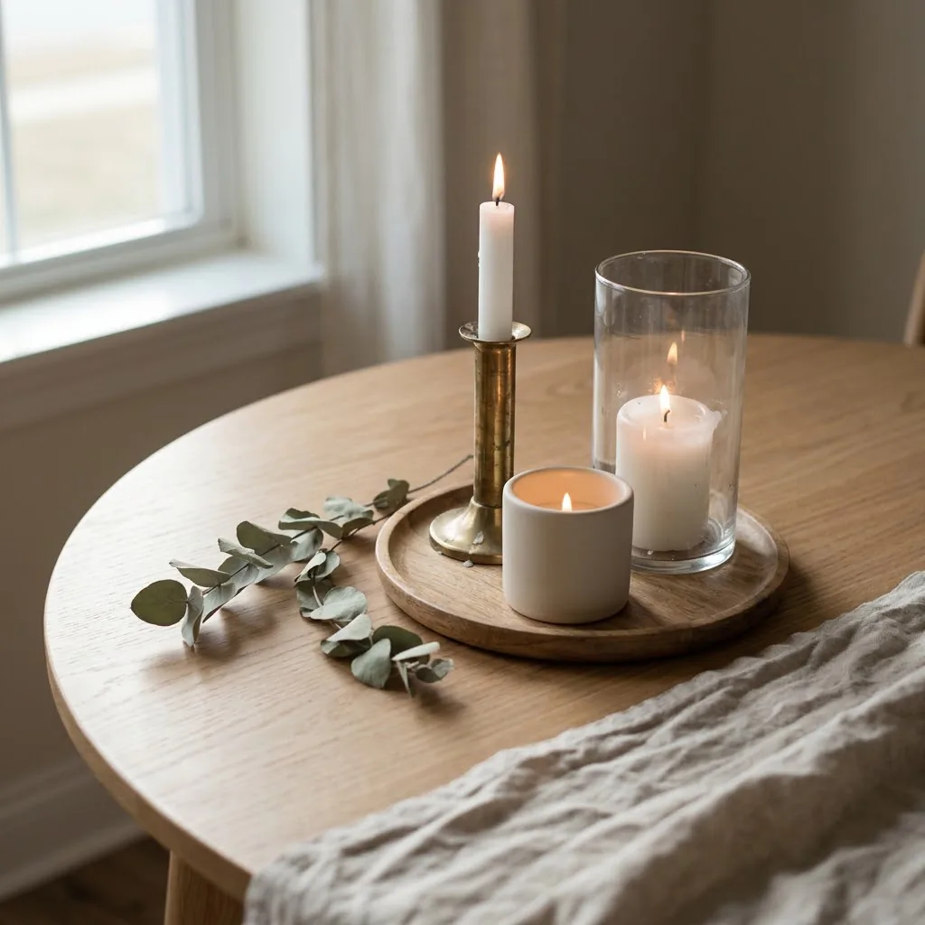 Modern candle holder ideas styled on a wooden dining table, three mixed-height holders on a round tray with warm candlelight, neutral earthy tones, cozy natural light