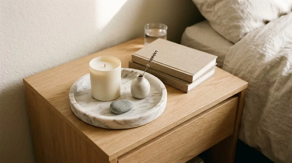 Small wooden nightstand with a round marble tray holding a cream jar candle, two stacked books, and a small pebble, soft warm bedroom light