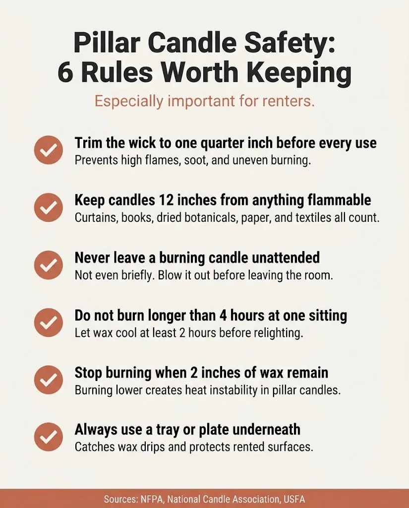 Flat checklist infographic listing six pillar candle safety rules including wick trimming to one quarter inch, 12 inch clearance from flammables, and burn time limits for home use