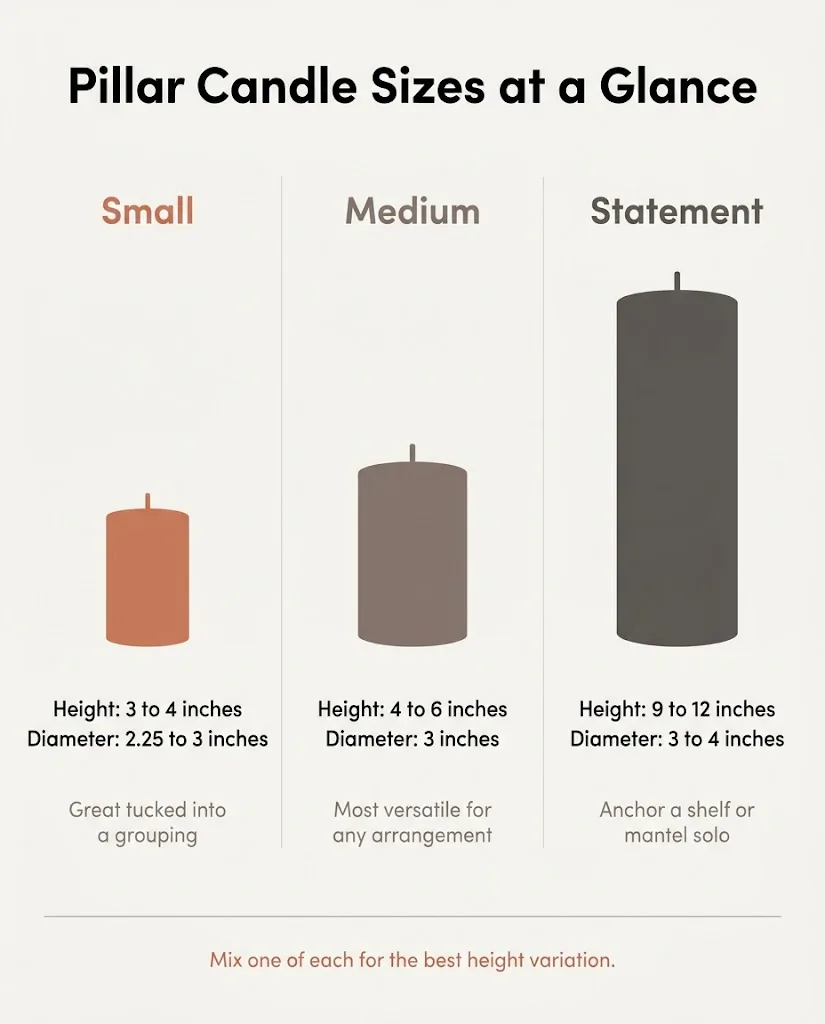 Flat infographic showing standard pillar candle size ranges from 3 inches to 12 inches tall with diameter labels and small medium large styling category labels
