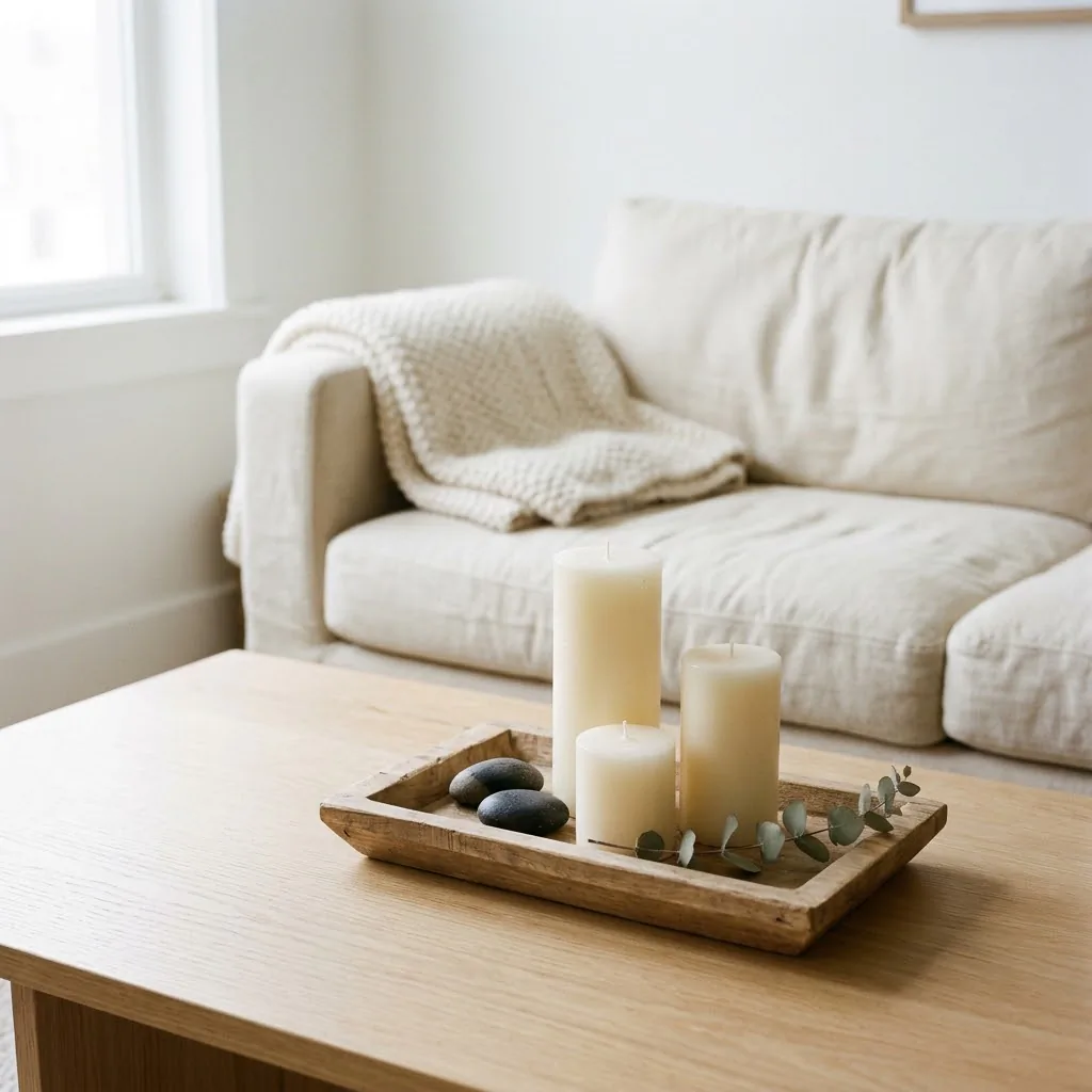 Three pillar candles of varying heights arranged on a wooden tray on a linen-upholstered coffee table in a calm, neutral-toned living room with natural window light