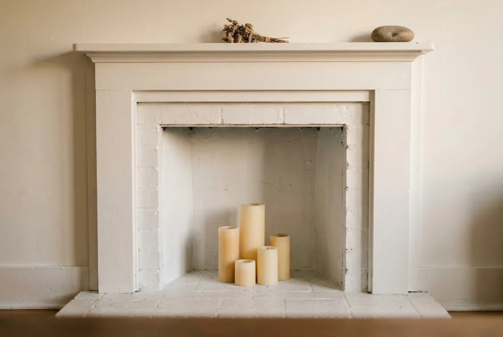 Five pillar candles of varying heights grouped inside a white-painted non-working fireplace hearth in a small rental living room with warm ambient light