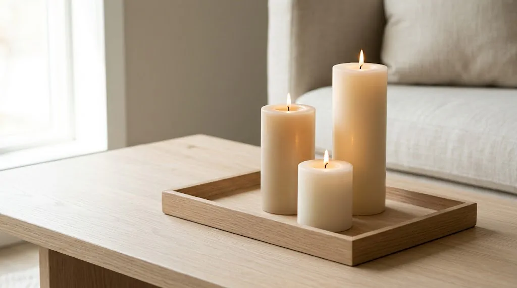 Three pillar candles at varying heights grouped on a round wooden tray on a small apartment coffee table, neutral earthy tones, soft candlelight, minimal living room styling