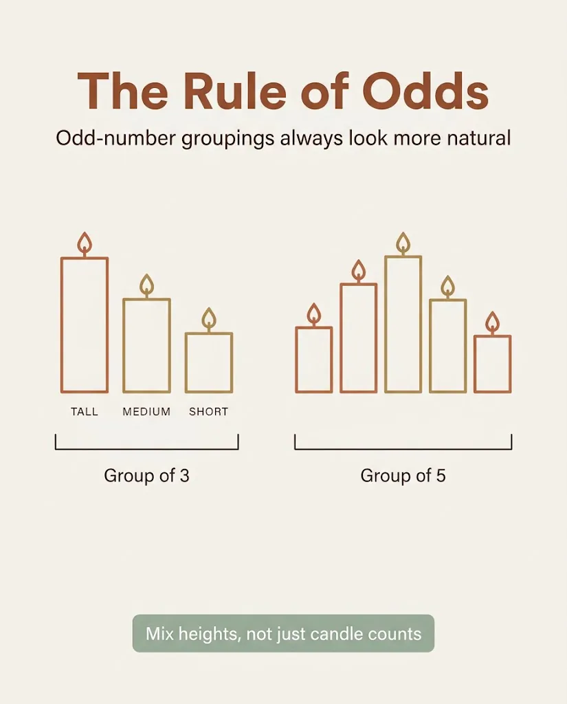 Infographic diagram showing the rule of odds in candle styling with groups of three and five candles labeled by height on a coffee table tray