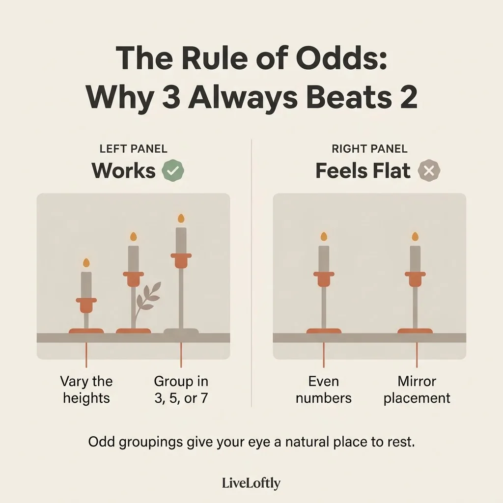 Flat infographic illustrating the rule of odds for candle holder groupings, showing a three-piece arrangement versus a two-piece arrangement on a shelf with height variation labels