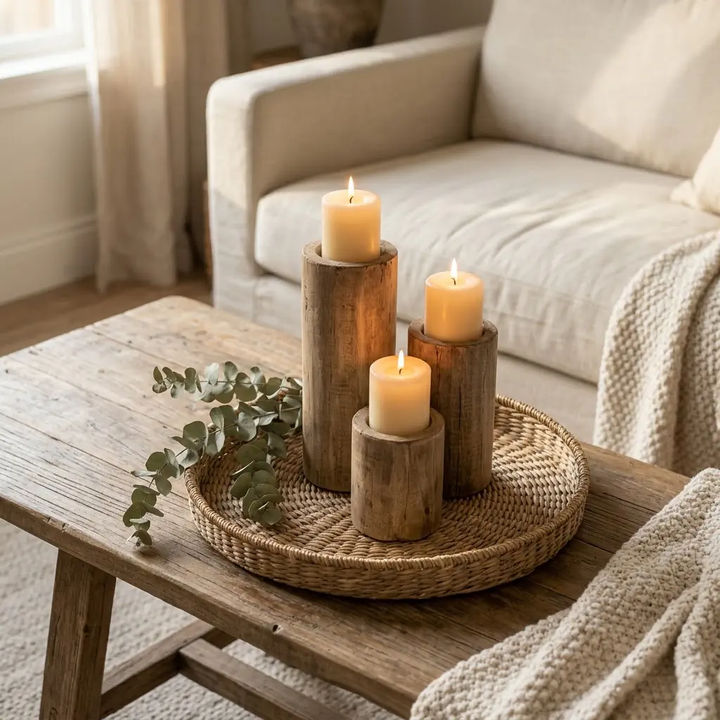 Three rustic wood pillar candle holders at varying heights grouped on a woven tray on a coffee table, warm candlelight glow, cozy living room, natural light