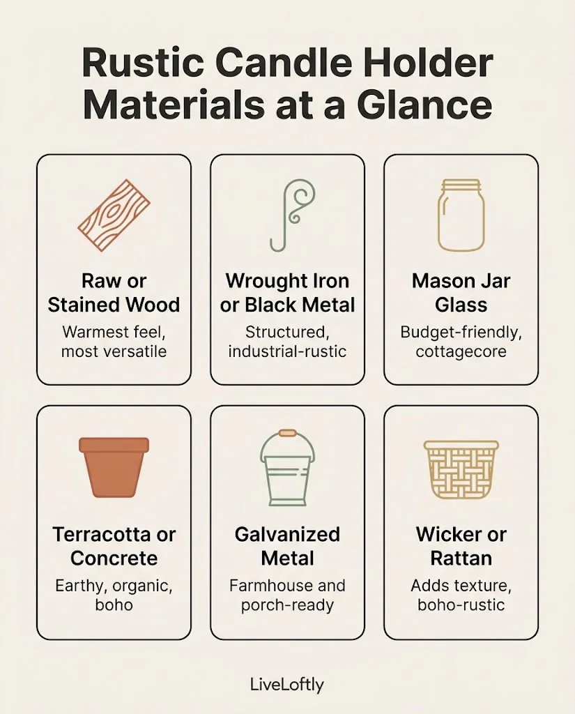 Infographic showing six rustic candle holder materials including wood, wrought iron, mason jar, terracotta, galvanized metal, and rattan with labels and pairing notes