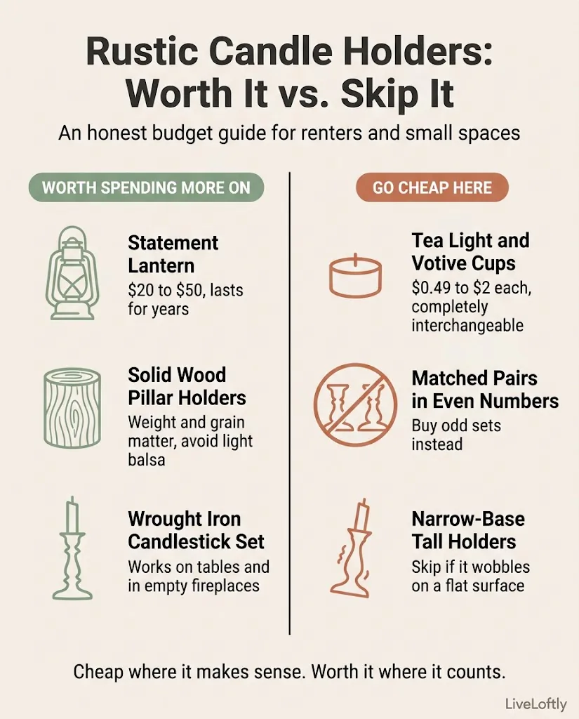 Budget infographic comparing worth it versus skip it rustic candle holder choices with price ranges, material notes, and honest buying tips for renters and small spaces