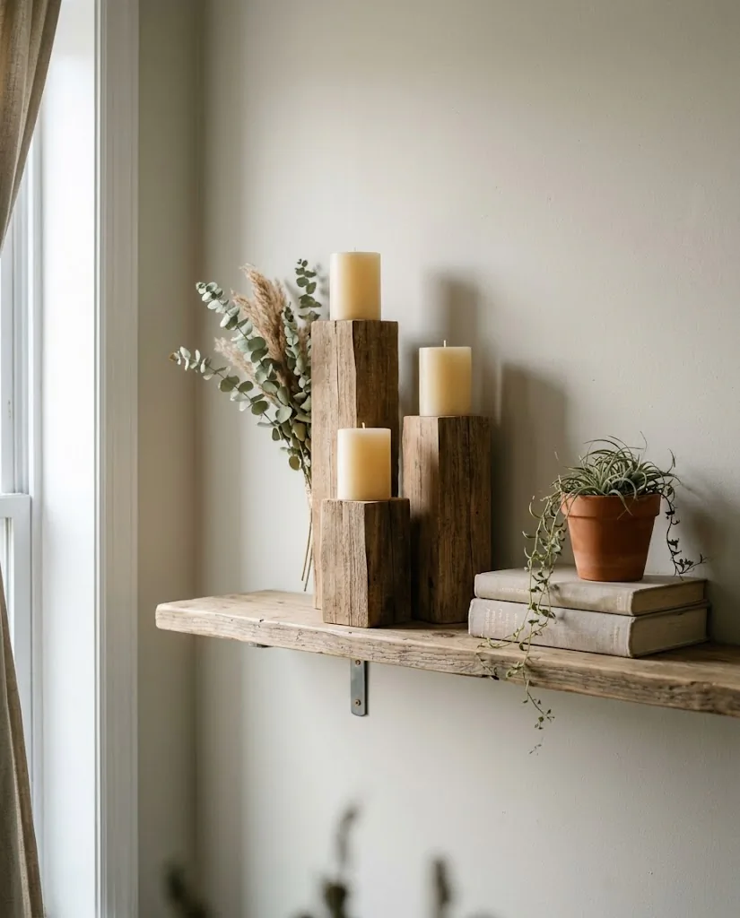 Styled floating shelf with three rustic wood candle holders at varying heights, dried eucalyptus, small stacked books, and a terracotta pot, warm natural light, rental apartment