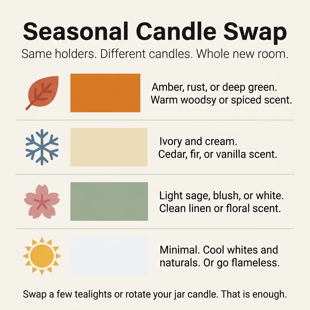 Seasonal candle decor swap guide showing fall amber, winter ivory, spring sage, and summer white candle color and scent pairings for a living room refresh