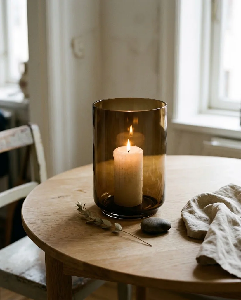 Smoked amber glass hurricane candle holder with white pillar candle on a neutral linen table runner, warm diffused candlelight, modern minimal table decor, small apartment dining room