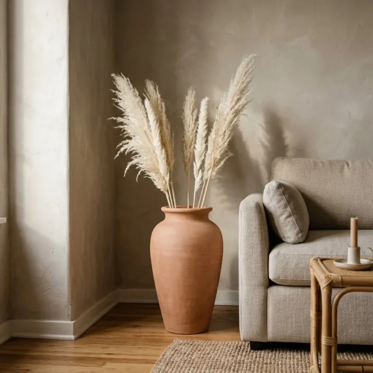 Tall terracotta floor vase with dried pampas grass stems styled in a warm neutral living room corner beside a linen sofa