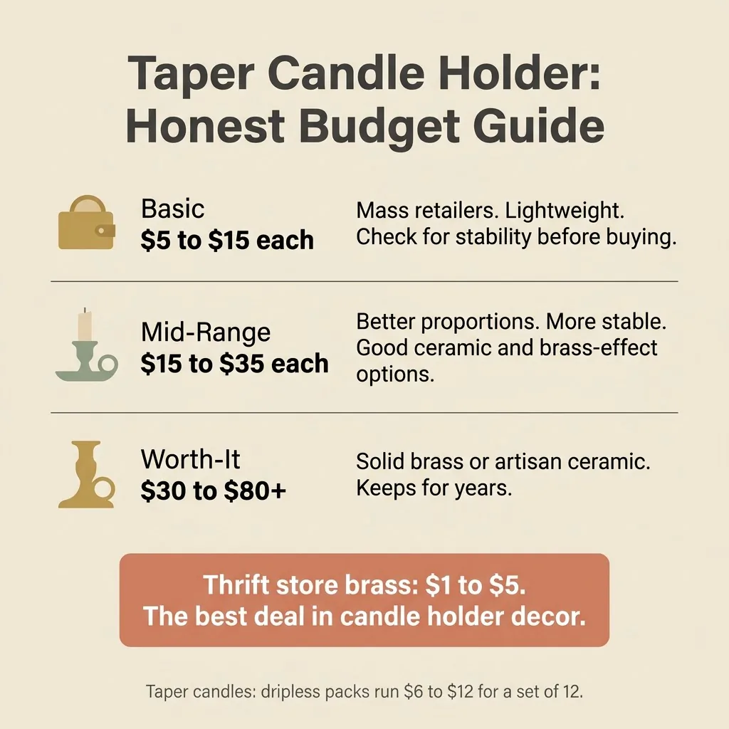 Flat vector budget comparison chart for taper candle holders showing three price tiers, basic five to fifteen dollars, mid-range fifteen to thirty-five dollars, and quality thirty to eighty dollars, with honest notes on what to expect at each tier
