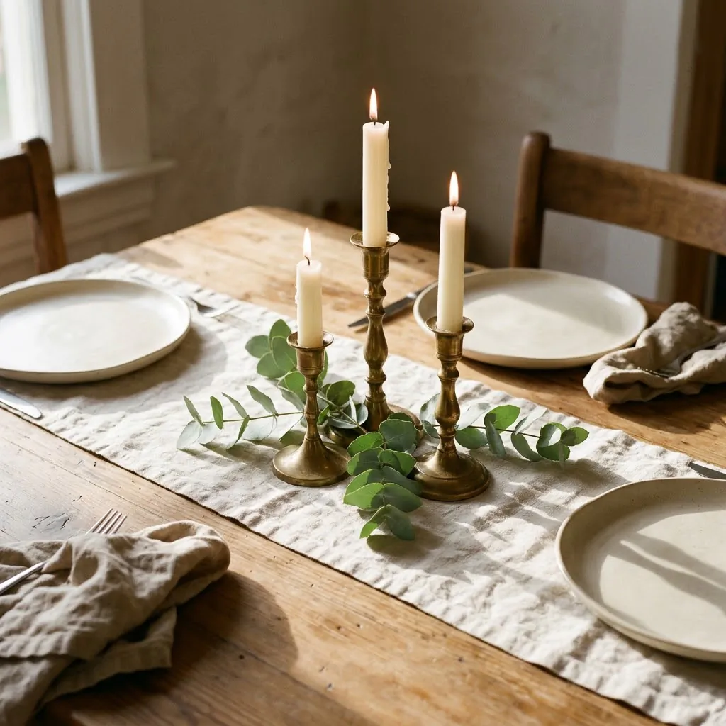 Three brass taper candle holders with ivory taper candles on a linen runner on a small wooden dinner table, warm natural window light, calm and cozy styled home interior