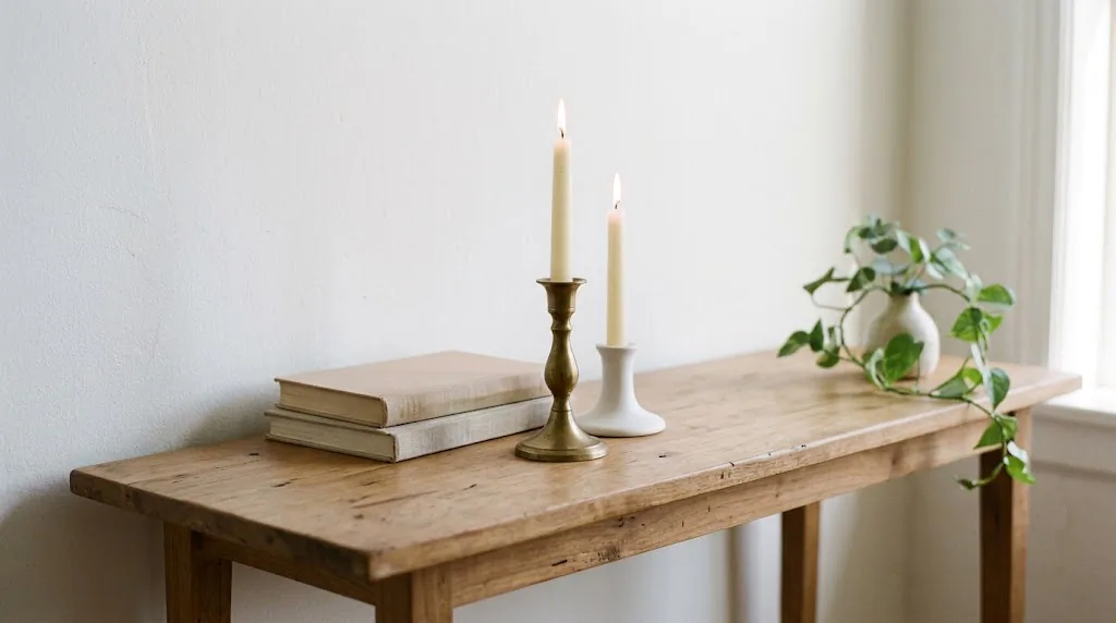 Two taper candles in mismatched brass and ceramic candlestick holders at different heights styled on a console table, warm evening light, modern minimal living room, budget decor