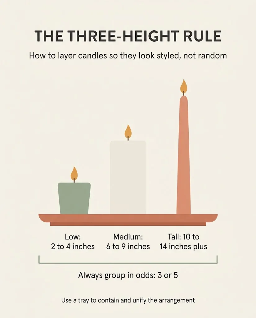 Diagram showing how to style candles at three different heights, low votive, medium pillar, tall taper, for a layered living room candle arrangement