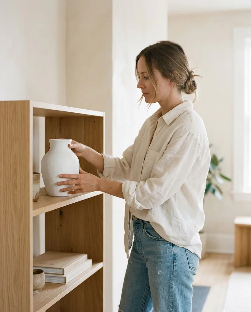Woman in neutral linen clothing arranging a freshly painted matte white vase on a wooden shelf in a bright minimalist rental apartment