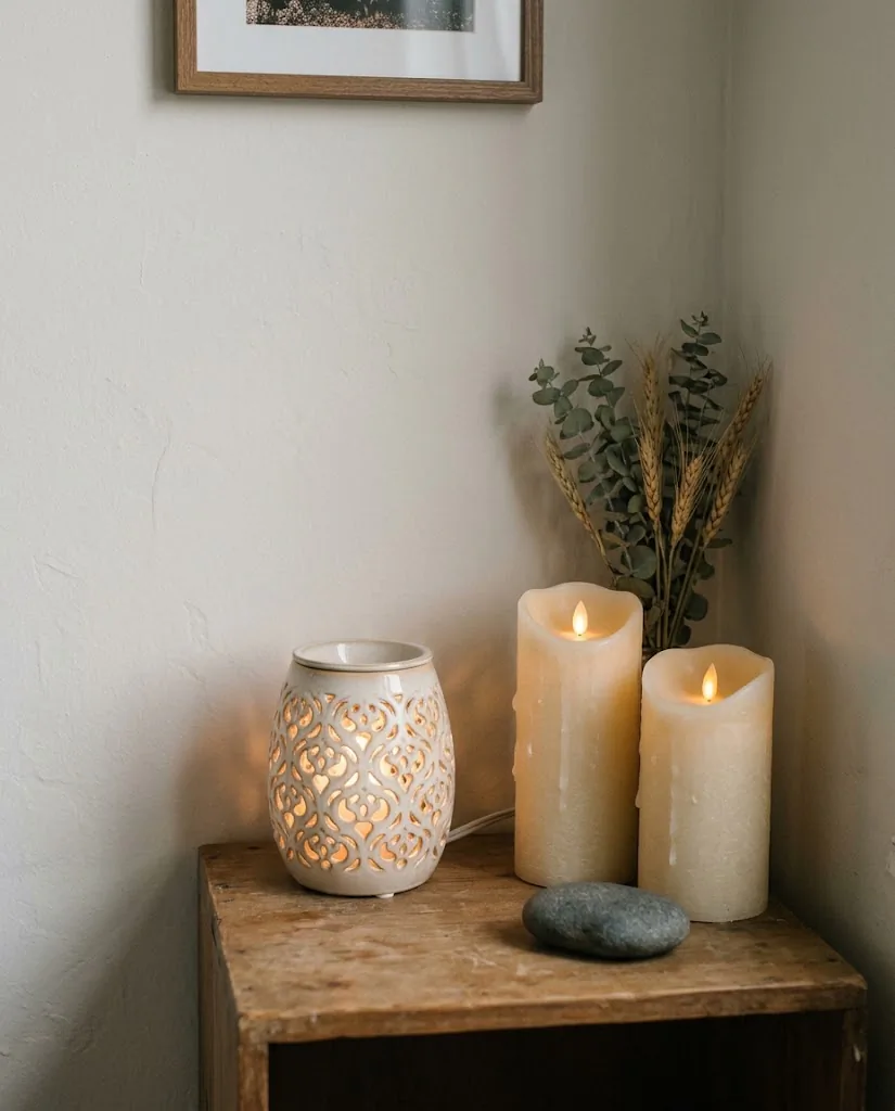 Small apartment shelf styled with an electric wax warmer, two realistic flameless LED pillar candles with amber flicker glow, a small knit pumpkin and a dried leaf sprig, soft warm evening light, renter-friendly fall decor, neutral tones